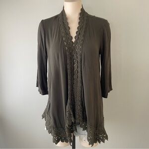 Boho Crochet Trim Crepe Open Cardigan Olive Green Size Medium